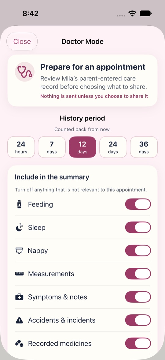 Doctor Mode: choose a history period and which sections to include in the summary